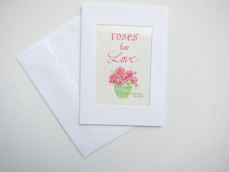 Roses for Love Watercolor Miniature Artwork Artist Trading Card Mini Watercolor Painting Roses Matted Greeting Card by Audrey Ascenzo