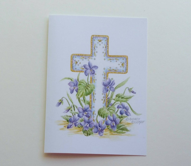 Sympathy Greeting Card Cross with Violets Card Paper Greeting Card 5x7 with Purple Envelope Religious Sympathy Card image 6