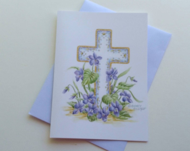 Sympathy Greeting Card Cross with Violets Card Paper Greeting Card 5x7 with Purple Envelope Religious Sympathy Card image 10