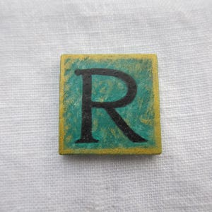 R Initial Letter Brooch Vintage Style Teal Square Original Hand Painted Wood Pin by Audrey Ascenzo image 4