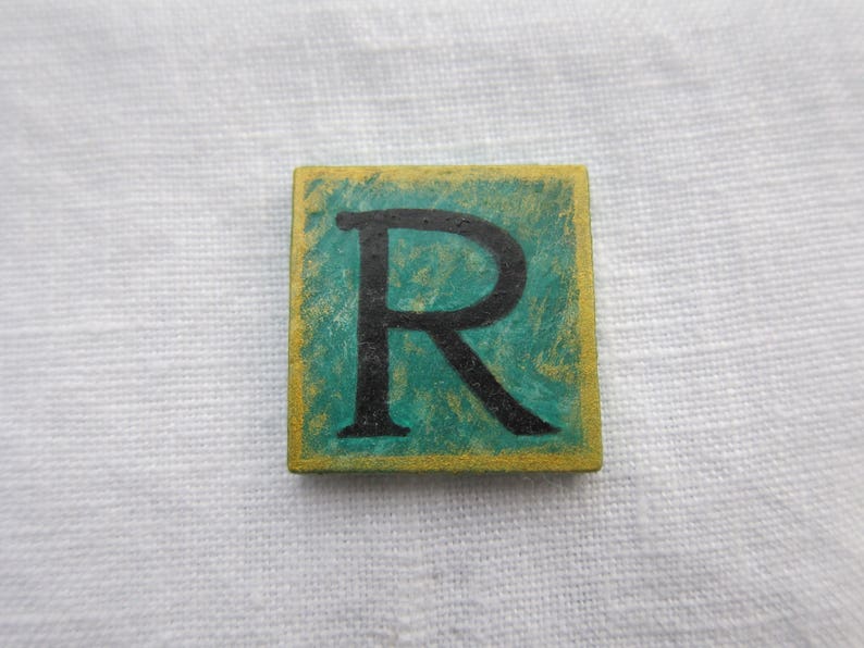 R Initial Letter Brooch Vintage Style Teal Square Original Hand Painted Wood Pin by Audrey Ascenzo image 4