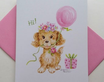 Birthday Flower Puppy Dog and Balloon Greeting Card with Pink Envelope For Girl Paper Card