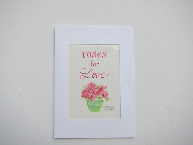 Roses for Love Watercolor Miniature Artwork Artist Trading Card Mini Watercolor Painting Roses Matted Greeting Card by Audrey Ascenzo