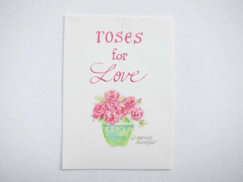 Roses for Love Watercolor Miniature Artwork Artist Trading Card Mini Watercolor Painting Roses Matted Greeting Card by Audrey Ascenzo