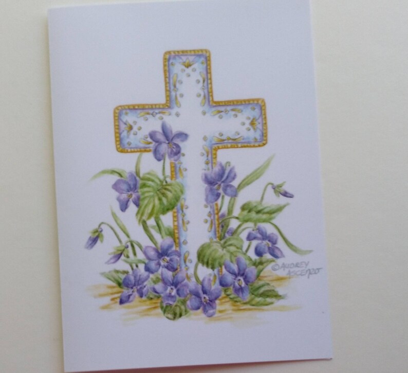 Sympathy Greeting Card Cross with Violets Card Paper Greeting Card 5x7 with Purple Envelope Religious Sympathy Card image 8