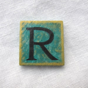 R Initial Letter Brooch Vintage Style Teal Square Original Hand Painted Wood Pin by Audrey Ascenzo image 2