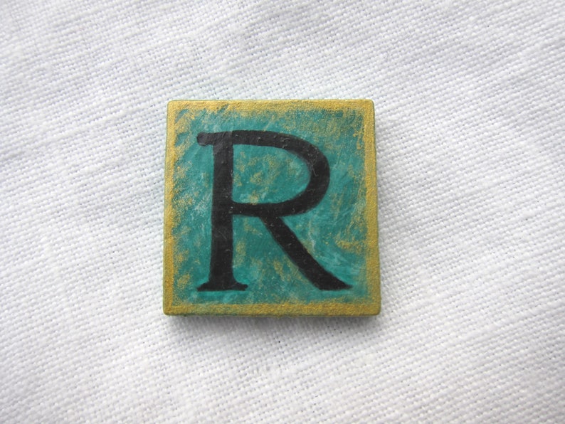 R Initial Letter Brooch Vintage Style Teal Square Original Hand Painted Wood Pin by Audrey Ascenzo image 2