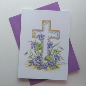 Sympathy Greeting Card Cross with Violets Card Paper Greeting Card 5x7 with Purple Envelope Religious Sympathy Card image 1
