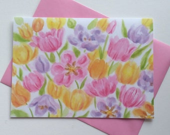 Colorful Birthday Tulips Bright Beautiful Celebration Greeting Card with Pink Envelope