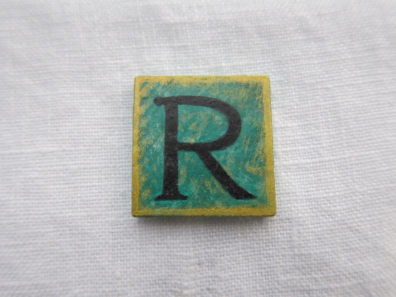 R Initial Letter Brooch Vintage Style Teal Square Original Hand Painted Wood Pin by Audrey Ascenzo image 5