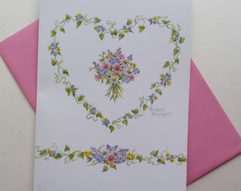 Wedding Heart Flowers Ivy God Bless Your life Together Congratulations Christan Greeting Card Choose Pink or White Envelope 5x7