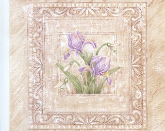 Elegant Iris Art Print Vintage Style Purple Iris and Snowdrops Open Edition Artist Signed Poster 8x8 by Audrey Ascenzo
