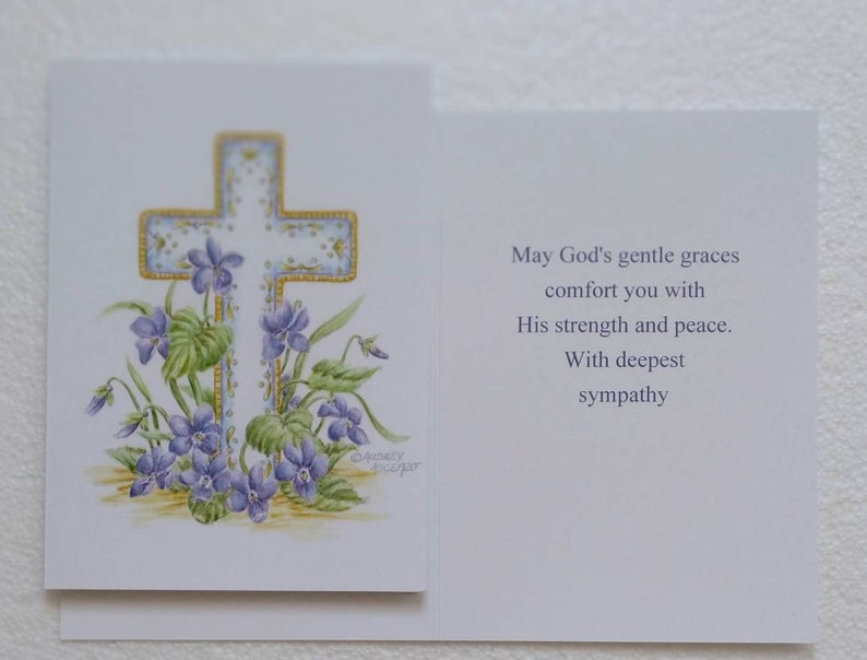 Sympathy Greeting Card Cross with Violets Card Paper Greeting Card 5x7 with Purple Envelope Religious Sympathy Card image 7