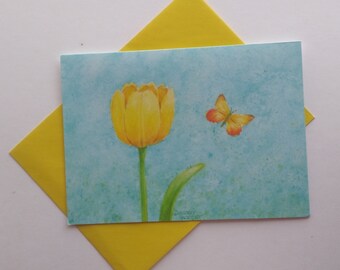 Birthday Yellow Tulip and Butterfly Greeting Card with Yellow Envelope Celebrate Enjoy Paper Greeting Card Happy Birthday