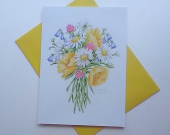 Birthday Wildflower Bouquet Greeting Card with Yellow Envelope 5x7 Single Paper Card