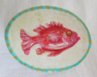 Whimsical Red Fish Brooch Original Hand Painted Oval Wood Tie Tac Pin by Audrey Ascenzo