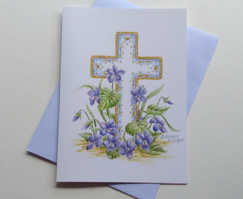 Sympathy Greeting Card Cross with Violets Card Paper Greeting Card 5x7 with Purple Envelope Religious Sympathy Card image 9