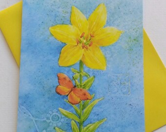 Thinking of You Sunshine Day Lily and Butterfly Greeting Card with Yellow Envelope Paper Card by Audrey Ascenzo