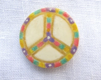 Peace Sign Brooch Colorful Hand Painted Original Round Wood Tie Tac Pin by Audrey Ascenzo