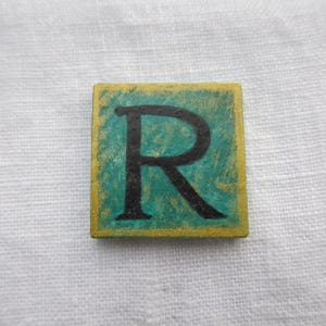 R Initial Letter Brooch Vintage Style Teal Square Original Hand Painted Wood Pin by Audrey Ascenzo image 8