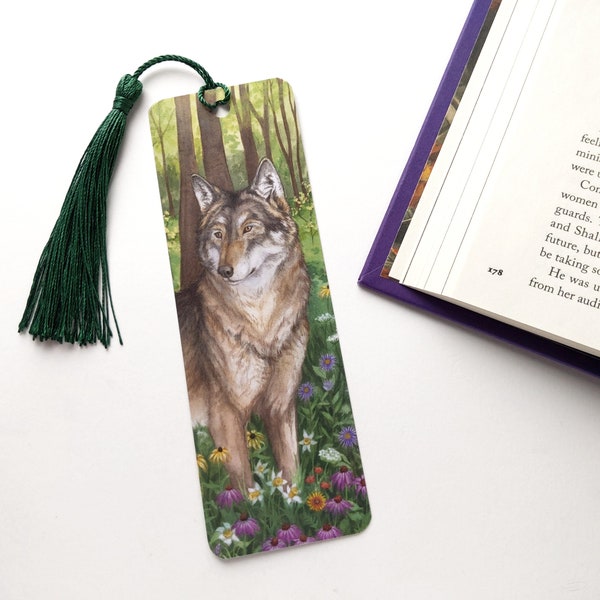 Wolf and Wildflower printed Bookmark with Tassel- Animal Lovers, Bookworm, Page Keeper, Stocking Stuffer