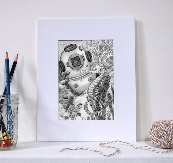 Ocean Deep Sea Diver Seahorse Original Drawing Etsy