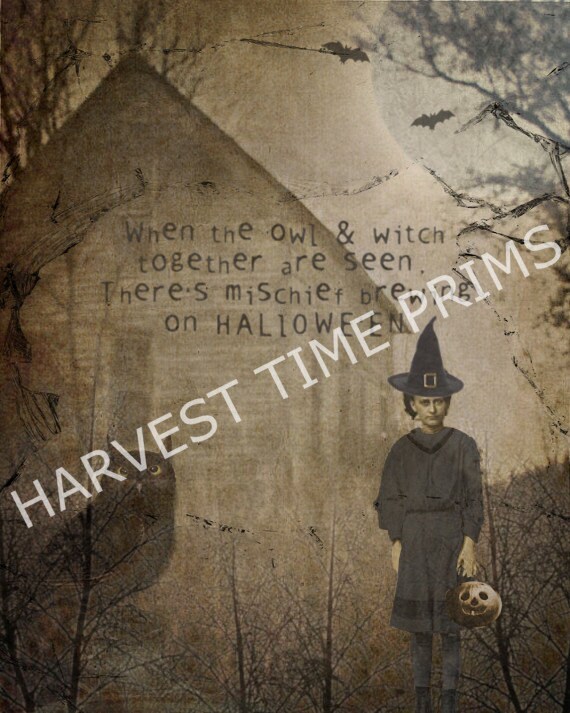Halloween Digital Art Collage WiTcH and OwL Instant Download U-Print 300 dpi Suitable for Framing