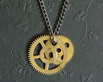 Custom Steampunk Necklace Made From Antique Brass Clock Gears - Authentic Antique Parts - Unique Steampunk Style Charm Pendant