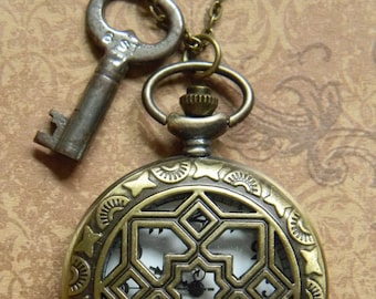 Antique Bronze Finished Victorian Steampunk Style Pocket Watch Style Pendant Watch with Authentic Antique Barrel Key Charm