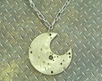 Stunning Upcycled Steampunk Moon Pendant Necklace. Beautifully Pattern Etched Antique Pocket Watch Bridge Converted into Unique Jewelry.