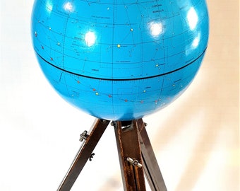 Amazing Vintage Apollo Celestial Globe w/Antique Adjustable Wood Tripod Stand. Globe in Excellent Condition. Large 12 Inch Diameter.