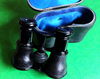 Beautifully Preserved Antique French Opera Glasses with Original Leather Case. Brass and Leather Fabrication From H. Salanson & Co, England.