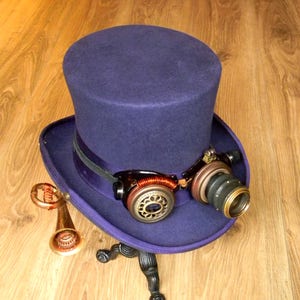 Steampunk Millinery Masterpiece! Wool Felt Victorian Style Top Hat in Royal Purple w/ Illuminated Goggles & Prop Prosthetic Sound Apparatus.