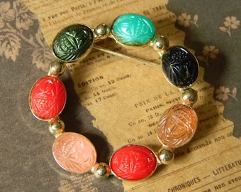 Lovely Vintage Egyptian Revival Style Scarab Brooch. Egyptian Revival Style Pin. Lapel Pin, Ascot Pin. Very Good Detail w/Faux Gemstone Cabs