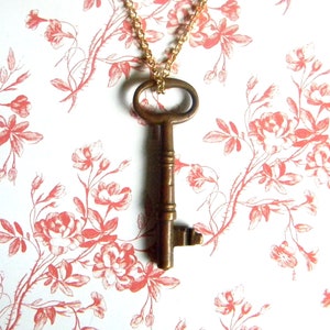Charming Large Antique Victorian Era Bronze "Skeleton" Key on Chain. Vintage Steampunk Pendant.