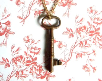 Charming Large Antique Victorian Era Bronze "Skeleton" Key on Chain. Vintage Steampunk Pendant.