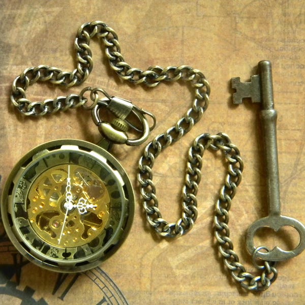 Beautiful Self Winding & Hand Wound Bronze Tone Steampunk Style Pocket Watch w/Authentic Antique Key Fob. Neo-Victorian Style Pocket Watch.