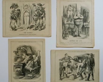 John Tenniel's Whimsically Drawn Victorian Era Satire Political Catoons. Orig. Antique Prints Cut From "Punch" Magazine. Circa 1879 & 1880.