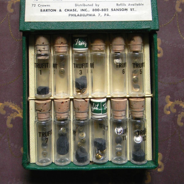 Curious Collection of Vintage Watch Crowns. Barton & Chase Inc. "Trufit" #8 Dustproof Crowns Indexed and Labeled Cork Stopper Vials w/ Box.