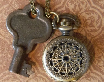 Cool Vintage Barrel Key and Petite Victorian Steampunk Spiderweb Style Pendant Watch