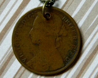 Bronze Queen Victoria Silhouette Coin Necklace. Antique British 1876 Large Penny Coin. Drilled and Fitted w/ Bronze Tone Chain
