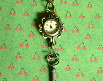 Antique Key and Neo-Victorian Steampunk Style Watch Pendant - Custom Steampunk Style Necklace