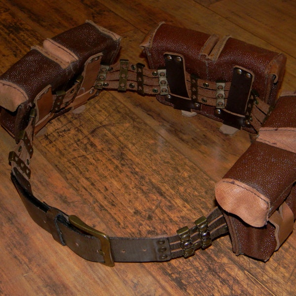 Amazing Steampunk Adventurer's Utility Belt - True Vintage Leather and Brass Hardware Belt and Three 2-Pocket Utility Pouches