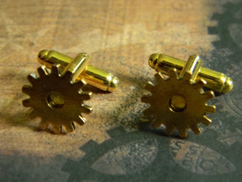 Handmade Cuff Link Costume Accent LARP. Bright Gold Tone Steampunk Style Costume Gear Cuff Link Set