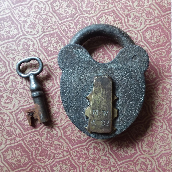 Brawny Big Bronze and Steel Antique 1800's Era Padlock and Key. "M.W & Co." (Mallory Wheeler Co.) Fully Functional with 1 Key. Wow!