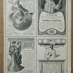 Arte publicitária da virada do século - Original, não reprodução - Anúncio de espartilho - Capas, ternos e peles - 10,5&quot; x 16&quot;