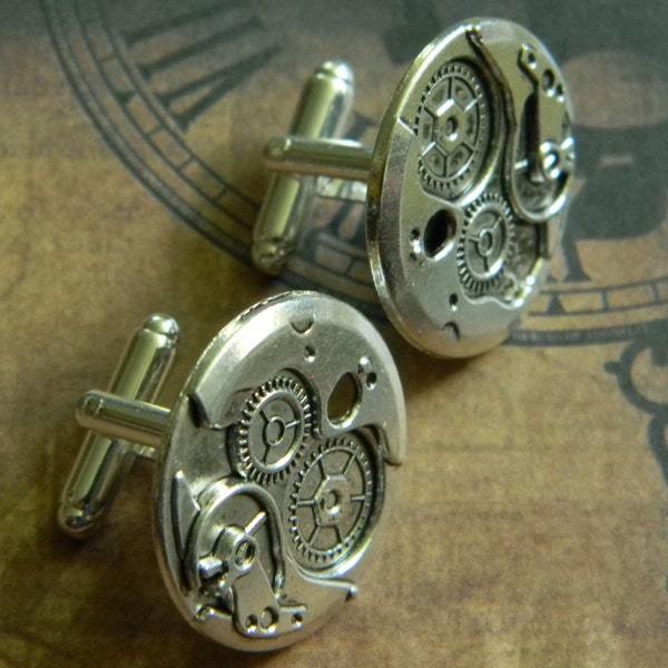 Bright Silver Tone Steampunk Style Gear Cuff Link Set - Affordable Cosplay Costume Cuff Links