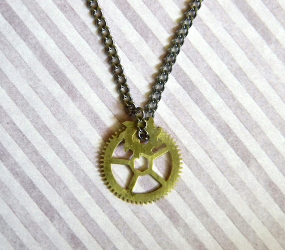 Custom Steampunk Necklace Made From Antique Brass Clock Gears - Authentic Antique Parts - Unique Steampunk Style Charm Pendant