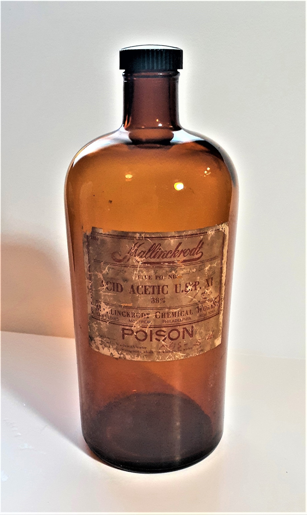Huge Antique Laboratory Bottle: Acetic Acid. Empty. Dark Brown