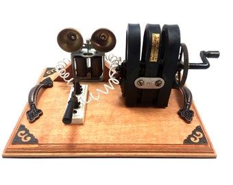 Amazing Steampunk Bell Ringer Apparatus: Antique 3 Bar Magneto Hand Crank Generator Powers a Double Bell Electromagnet Ringer When Cranked!